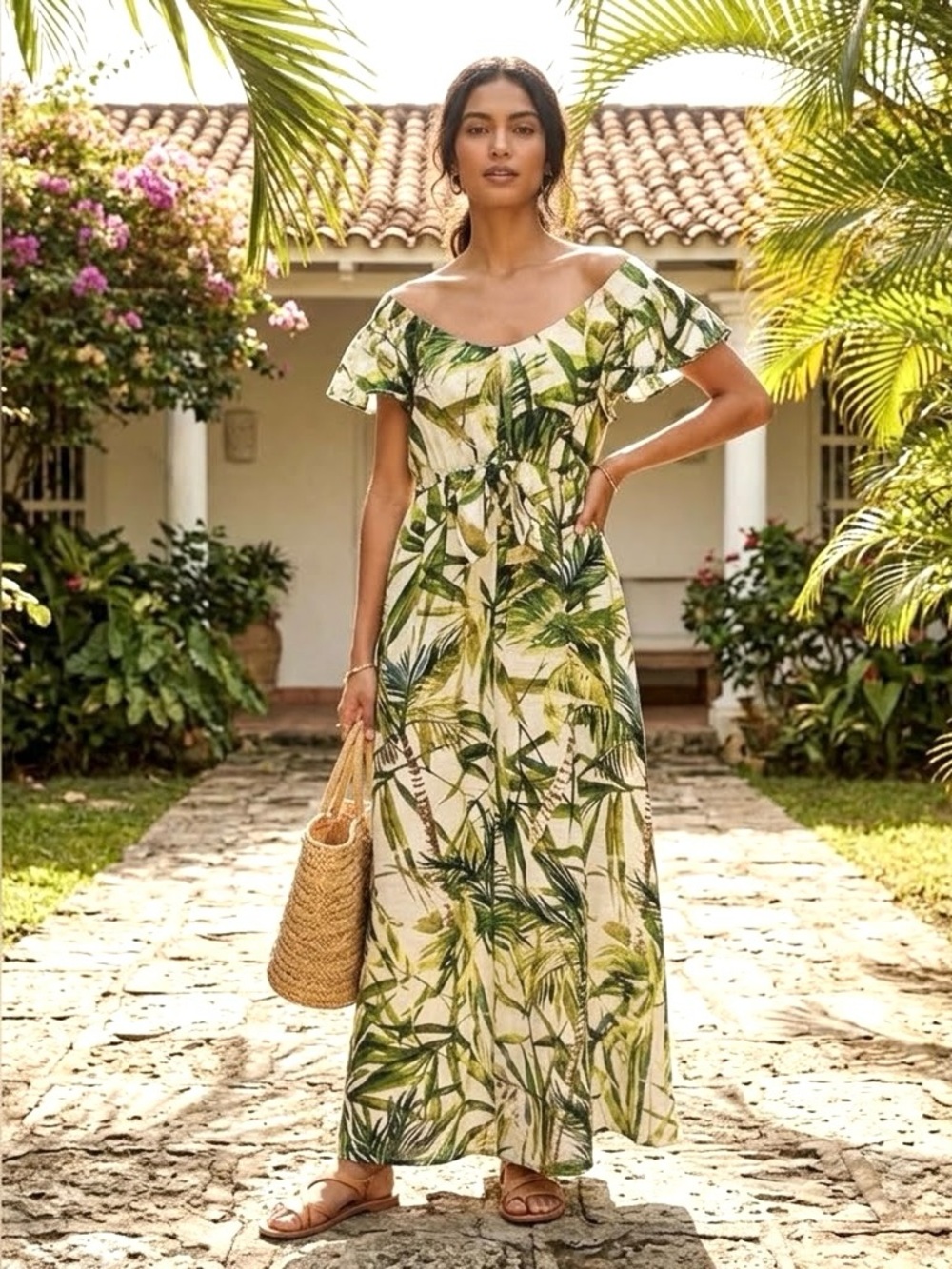 TAYLOR Green Floral Maxi Summer Dress with Flutter Sleeves - Size 8